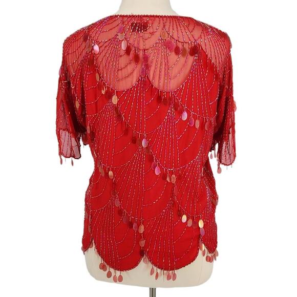 Vintage Plum Blossom Beaded Top Hand Embroidery Red XL - Picture 4 of 6